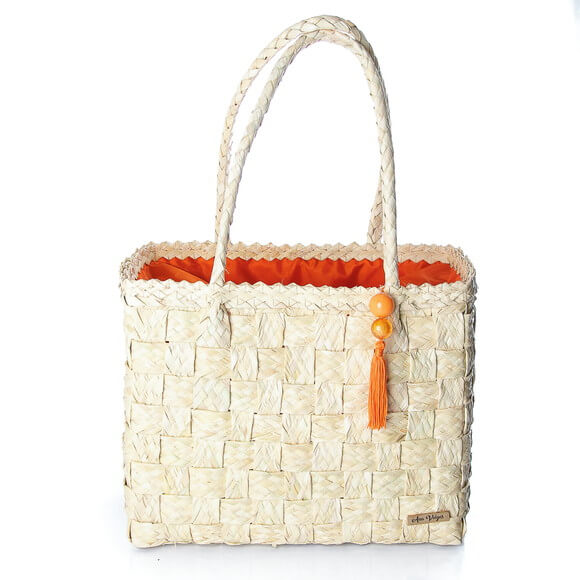 Bolsa de Palha Bahamas Natural com Forro e Pingente Laranja