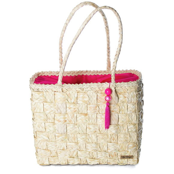 Bolsa de Palha Bahamas Natural com Forro e Pingente Pink