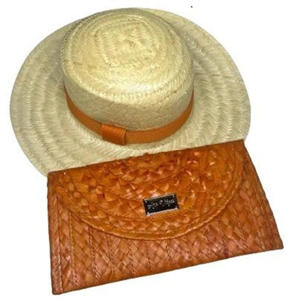 Kit Chapeu Paris Faixa Laranja + Carteira de Palha Natural