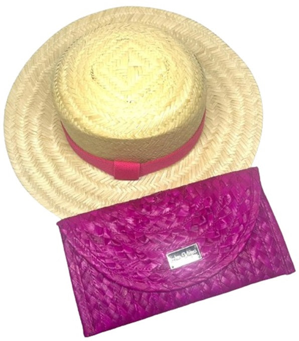 Kit Chapeu Paris Faixa Pink + Carteira de Palha Pink