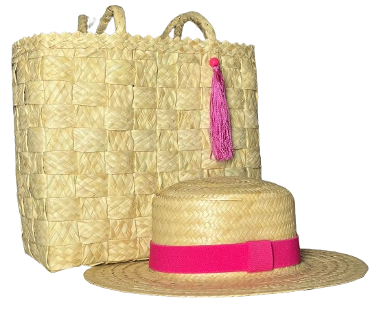 Kit Bolsa Bahamas Forro e Pingente Pink + Chapéu Paris Natural com Faixa Pink