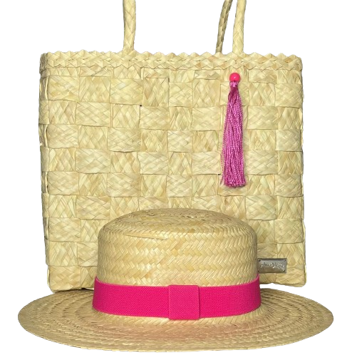 Kit Bolsa Bahamas Forro e Pingente Pink + Chapéu Paris Natural com Faixa Pink