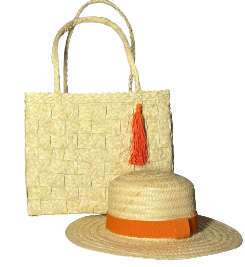 Kit Bolsa Bahamas Forro e Pingente Laranja + Chapéu Paris Natural com Faixa Laranja