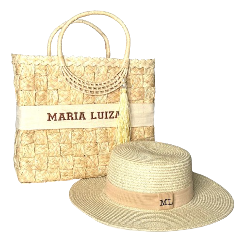 Kit Bolsa de Palha + Chapéu Paris Dobrável Detalhes Manteiga