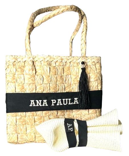 Kit Bolsa de Palha Bahamas + Chapéu Aba Longa Dobrável Detalhes Preto