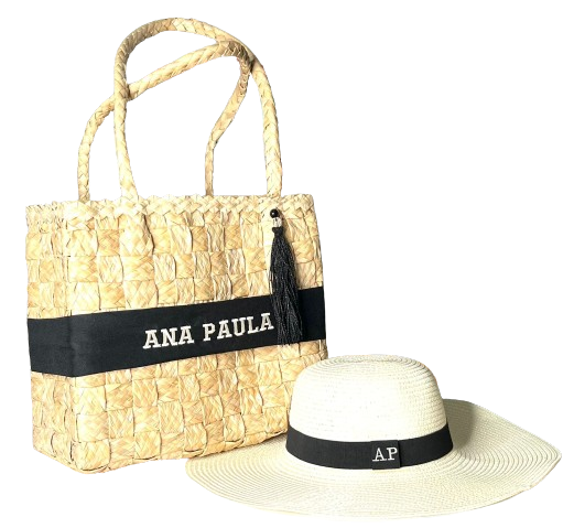 Kit Bolsa de Palha Bahamas + Chapéu Aba Longa Dobrável Detalhes Preto