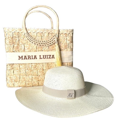 Kit Bolsa de Palha Bahamas + Chapéu Aba Longa Dobrável Detalhes Manteiga