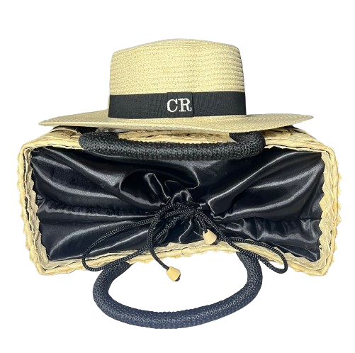 Kit Bolsa Feminina Miami Palha + Chapeu Feminino Paris Flexivel Faixa/Forro/Pingente Preto