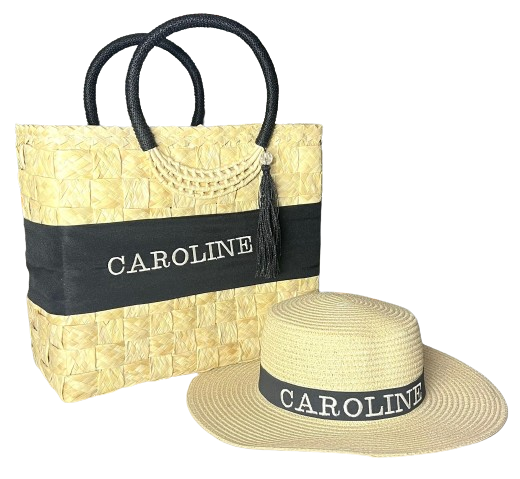 Kit Bolsa Feminina Miami Palha + Chapeu Feminino Paris Flexivel Faixa/Forro/Pingente Preto